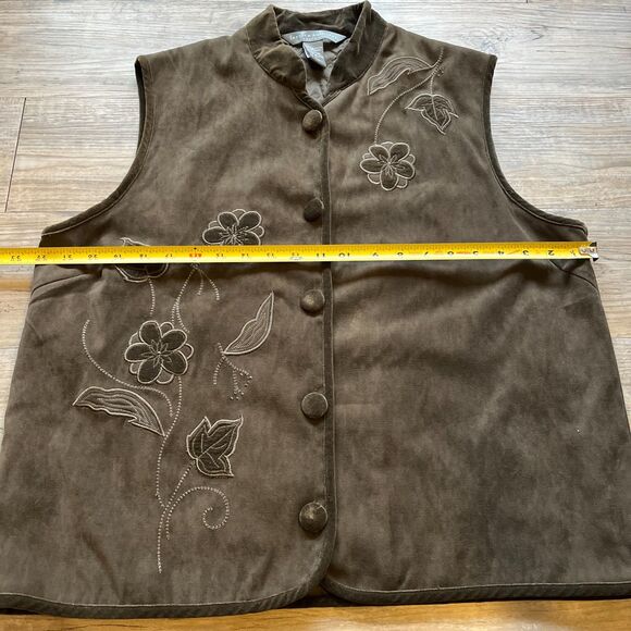 Vintage Vest Women's Large Embroidered Green Suede Texture Floral Fall Warm Cozy - Picture 6 of 7